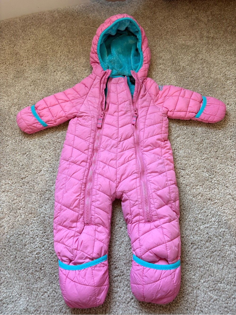 Snozu Pink Quilted Snowsuit with Teal Trim